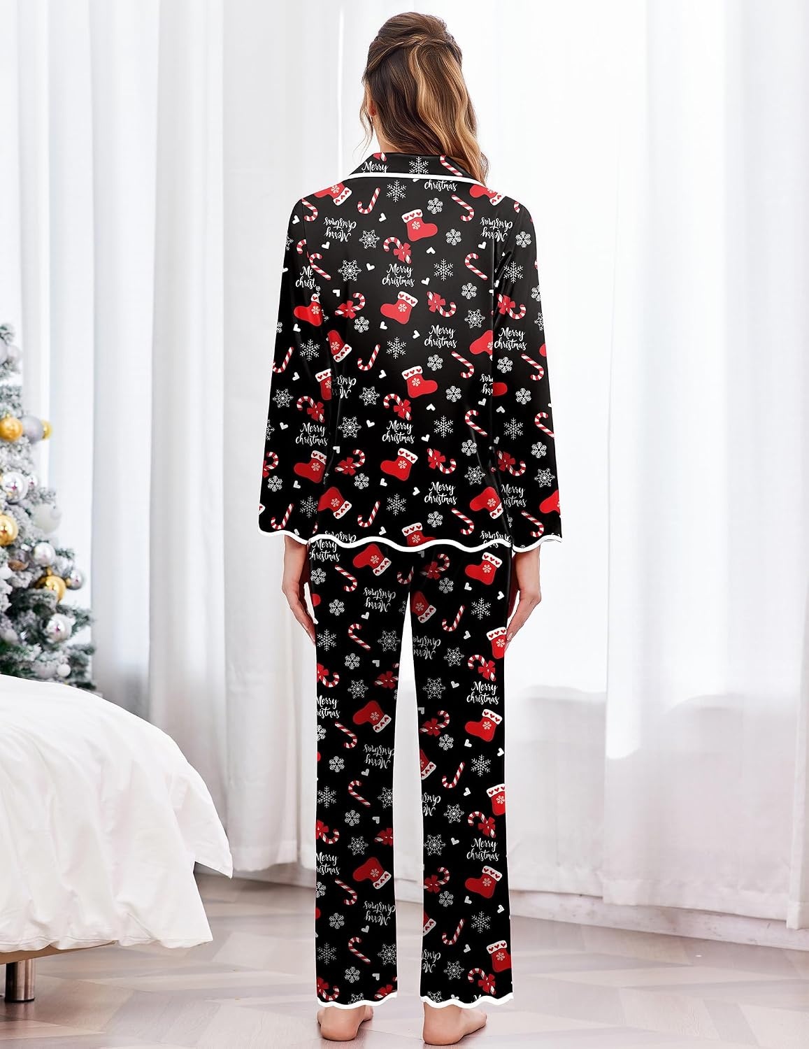 image:imageEkouaer Womens Silk Pajama Set Long Sleeve Button Down Ruffle Satin PJsChristmasblack Candy Cane Xmas Pjs