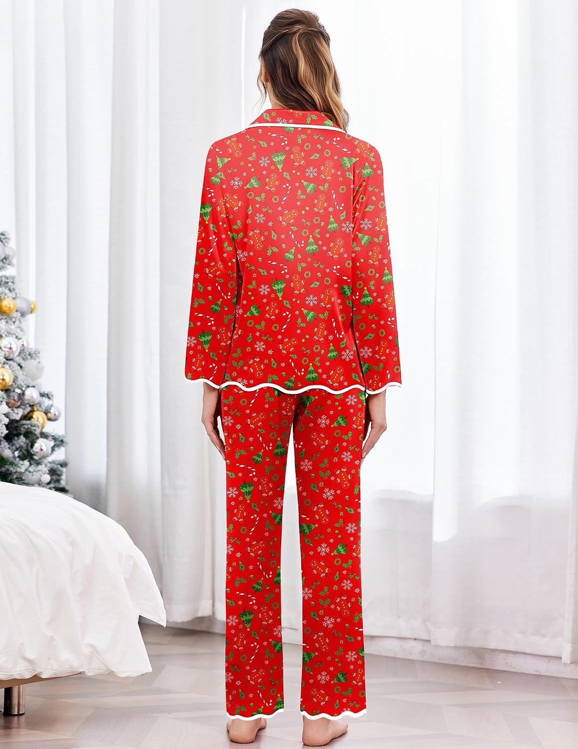 image:imageEkouaer Womens Silk Pajama Set Long Sleeve Button Down Ruffle Satin PJsChristmasgingerbread Printed Pjs