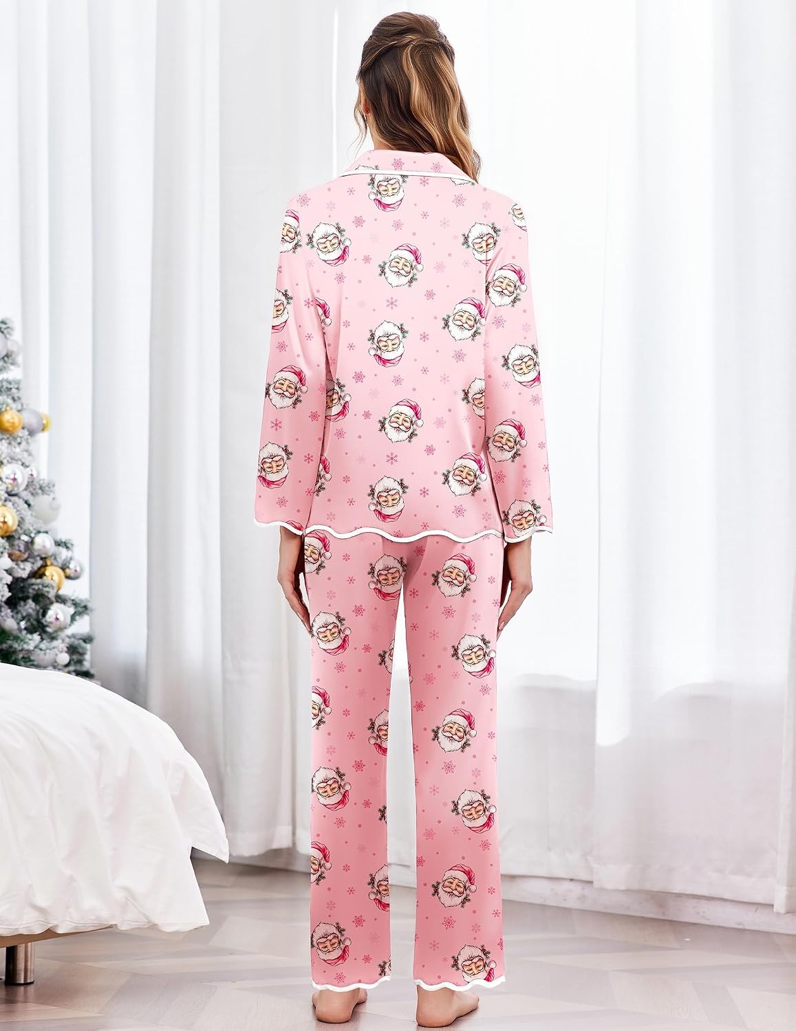 image:imageEkouaer Womens Silk Pajama Set Long Sleeve Button Down Ruffle Satin PJsChristmaspink Santa Pjs