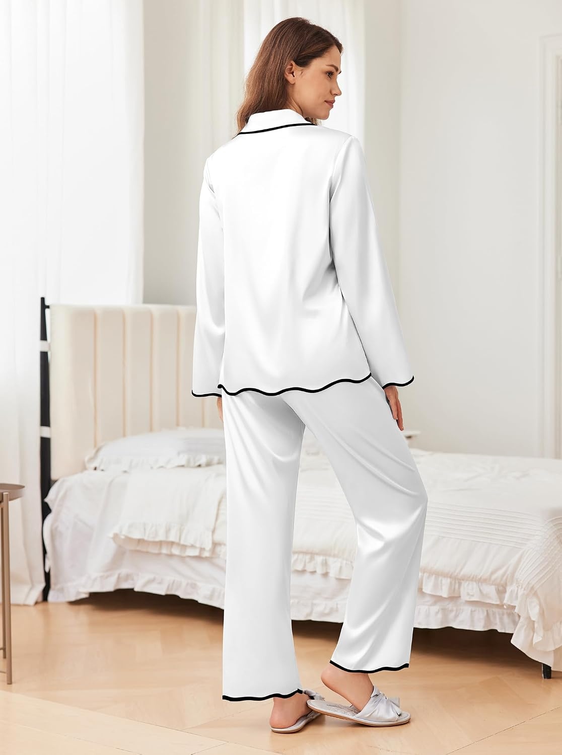 image:imageEkouaer Womens Silk Pajama Set Long Sleeve Button Down Ruffle Satin PJsWhite