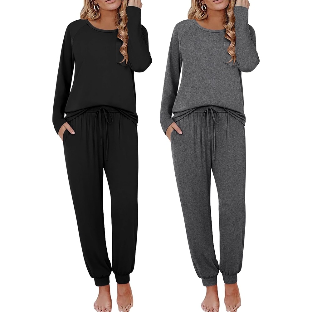 image:imageEkouaer 2 Pack Womens Pajama Sets Long Sleeve Pjs Soft Comfy Lounge SetBlackdark Gray