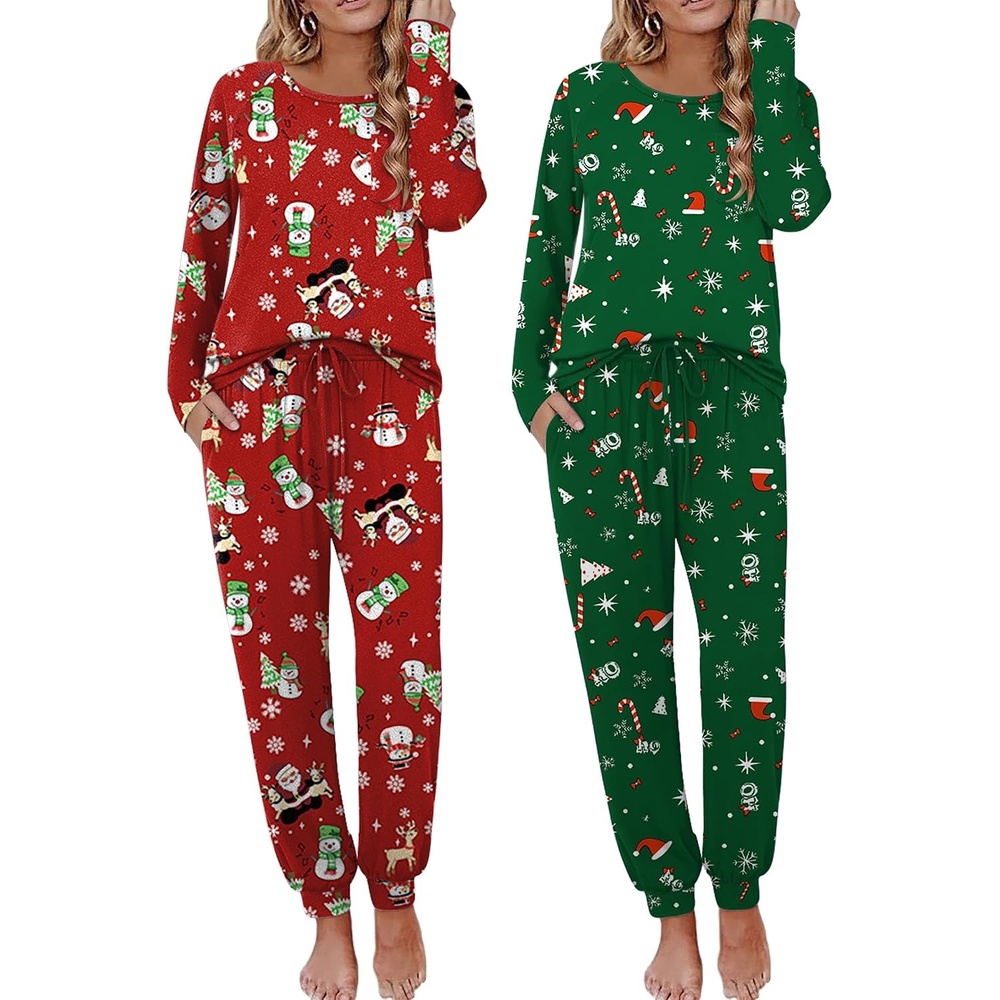 image:imageEkouaer 2 Pack Womens Pajama Sets Long Sleeve Pjs Soft Comfy Lounge SetChristmas Redchristmas Green2