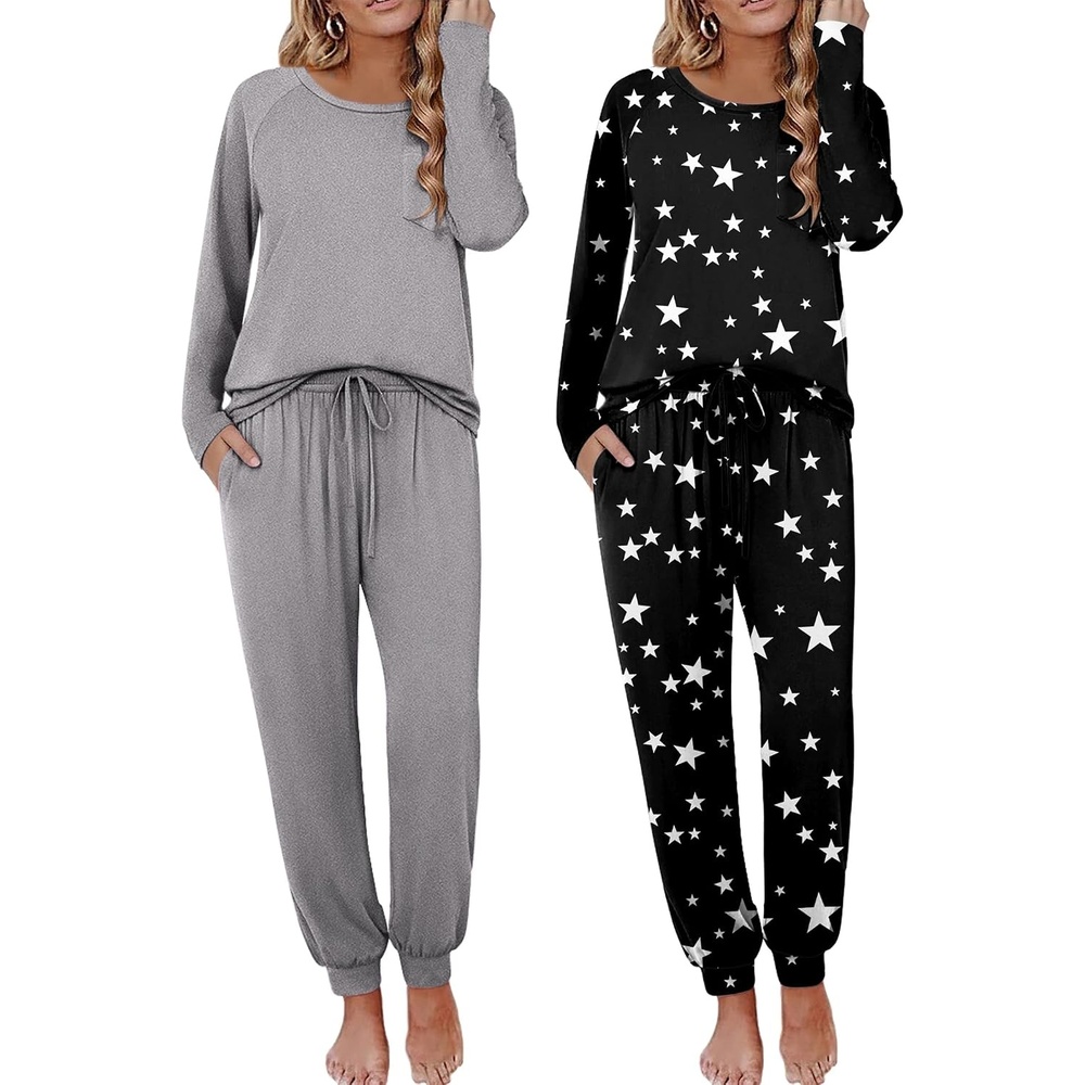 image:imageEkouaer 2 Pack Womens Pajama Sets Long Sleeve Pjs Soft Comfy Lounge SetLight Greyblack Stars