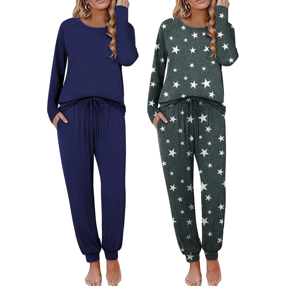 image:imageEkouaer 2 Pack Womens Pajama Sets Long Sleeve Pjs Soft Comfy Lounge SetNavydark Gray Stars