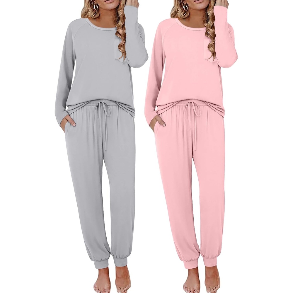 image:imageEkouaer 2 Pack Womens Pajama Sets Long Sleeve Pjs Soft Comfy Lounge SetPinklight Grey
