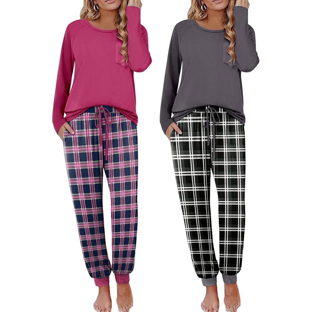 image:imageEkouaer 2 Pack Womens Pajama Sets Long Sleeve Pjs Soft Comfy Lounge SetRose Plaidblack Plaid