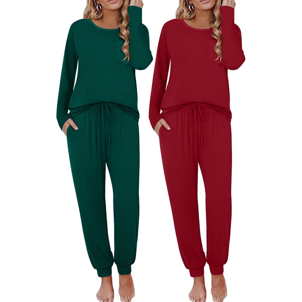 image:imageEkouaer 2 Pack Womens Pajama Sets Long Sleeve Pjs Soft Comfy Lounge SetWinegreen