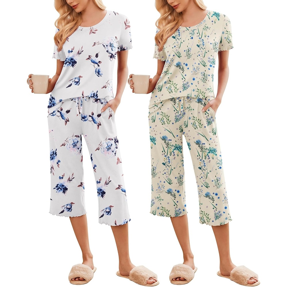 image:imageEkouaer 2 Pack Womens Pajamas Set Short Sleeve Sleepwear Capri Pants Pjs Soft Loungewear with PocketsBlue FlowerYellow Floral