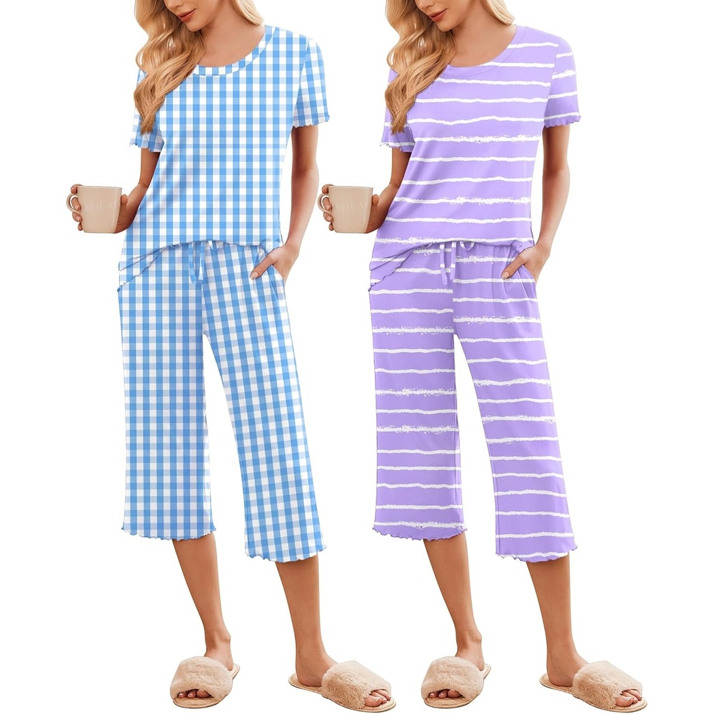 image:imageEkouaer 2 Pack Womens Pajamas Set Short Sleeve Sleepwear Capri Pants Pjs Soft Loungewear with PocketsBlue PlaidPurple Stripe
