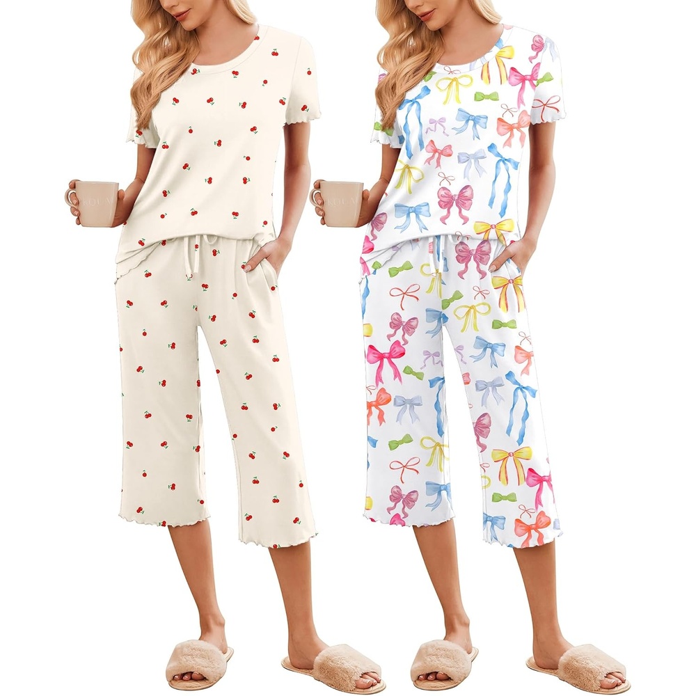 image:imageEkouaer 2 Pack Womens Pajamas Set Short Sleeve Sleepwear Capri Pants Pjs Soft Loungewear with PocketsCherryColorful Bow
