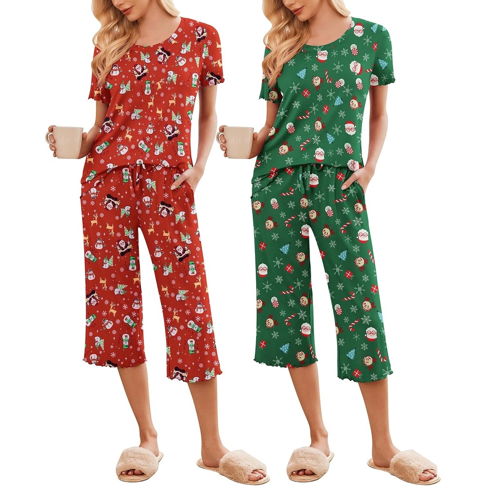 image:imageEkouaer 2 Pack Womens Pajamas Set Short Sleeve Sleepwear Capri Pants Pjs Soft Loungewear with PocketsChristmas Red SnowmanGreen Santa Claus XL