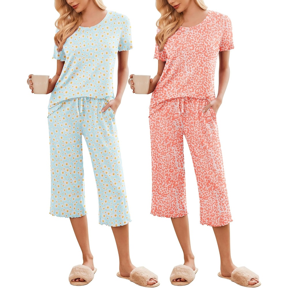 image:imageEkouaer 2 Pack Womens Pajamas Set Short Sleeve Sleepwear Capri Pants Pjs Soft Loungewear with PocketsDaisiesLeopard