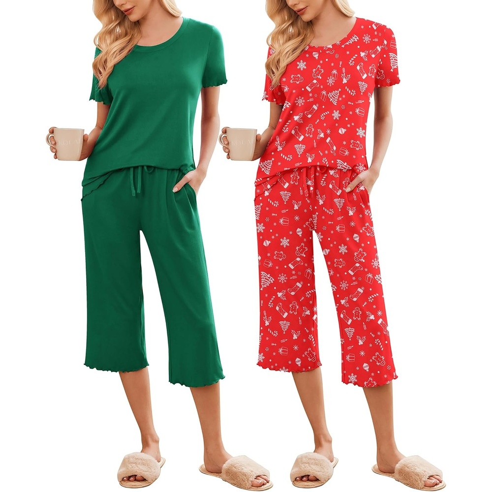image:imageEkouaer 2 Pack Womens Pajamas Set Short Sleeve Sleepwear Capri Pants Pjs Soft Loungewear with PocketsGreenChristmas Red
