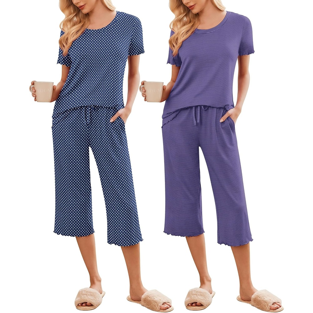 image:imageEkouaer 2 Pack Womens Pajamas Set Short Sleeve Sleepwear Capri Pants Pjs Soft Loungewear with PocketsNavy DotsStripe