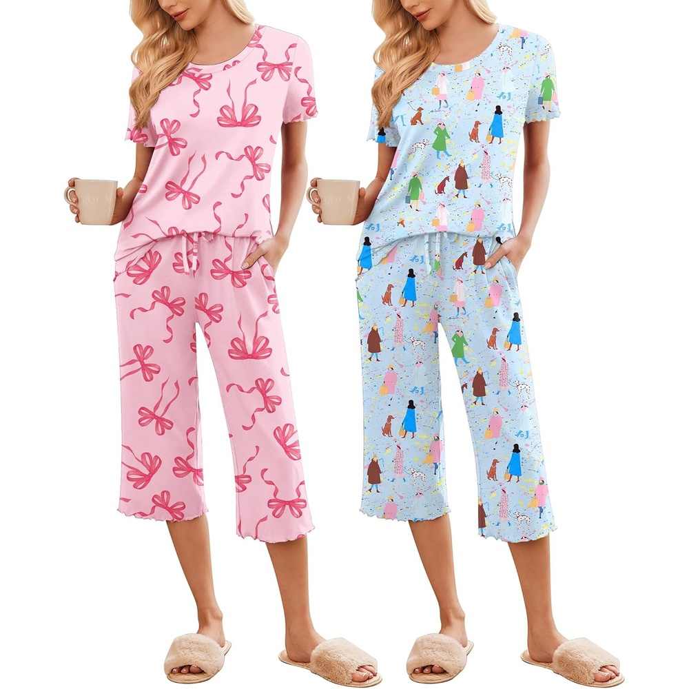 image:imageEkouaer 2 Pack Womens Pajamas Set Short Sleeve Sleepwear Capri Pants Pjs Soft Loungewear with PocketsPink BowWoman and Puppy