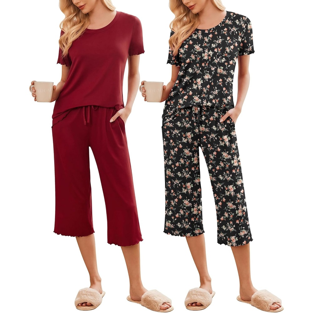 image:imageEkouaer 2 Pack Womens Pajamas Set Short Sleeve Sleepwear Capri Pants Pjs Soft Loungewear with PocketsWine RedFloral