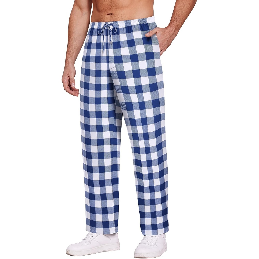 image:imageEkouaer Mens Pajama Pants Plaid Lounge Pants Soft Pj Bottoms with PocketsBlue and White Plaid