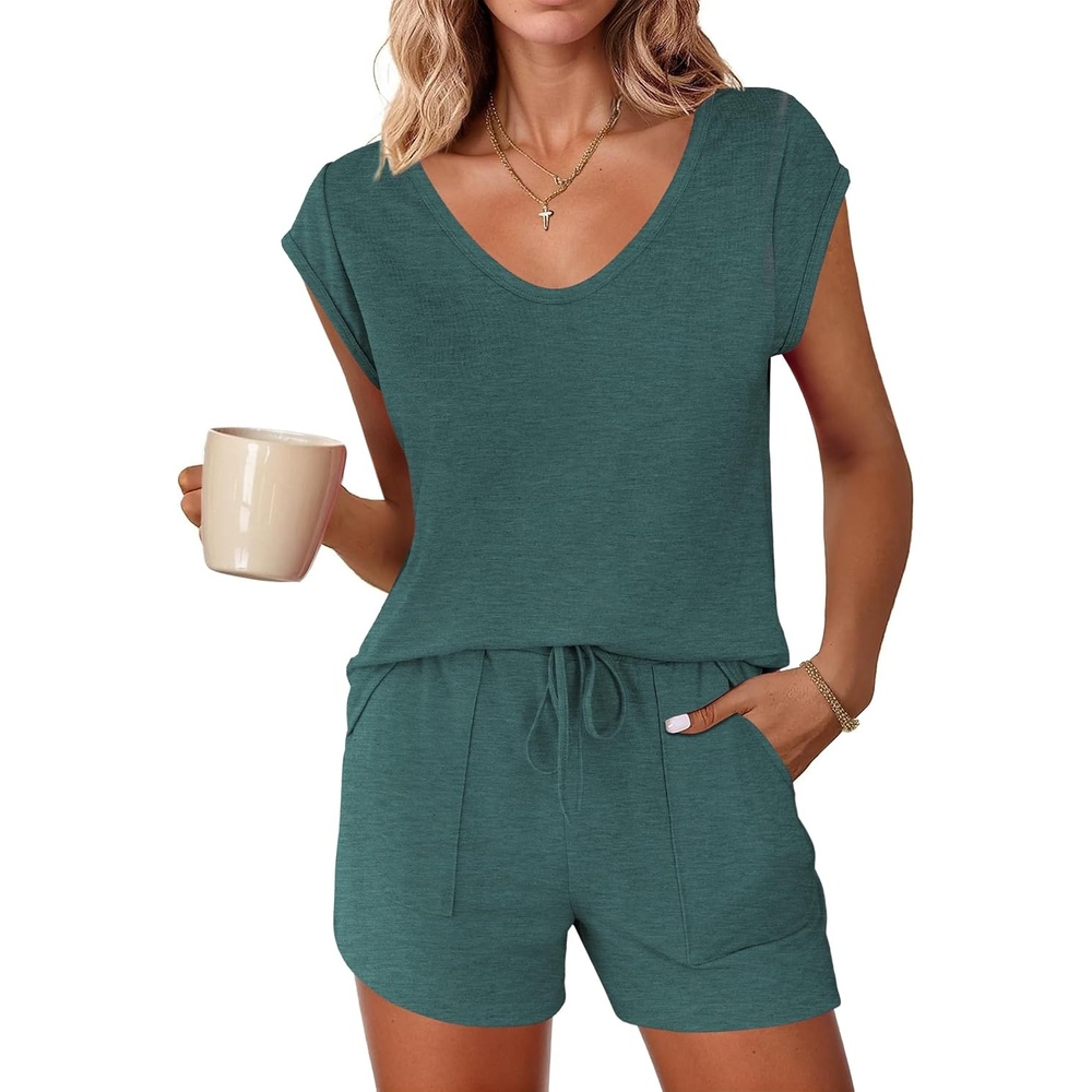 image:imageEkouaer Pajamas for Women 2 Piece Summer Lounge Set Short Sleeve Shorts PjsLake Green