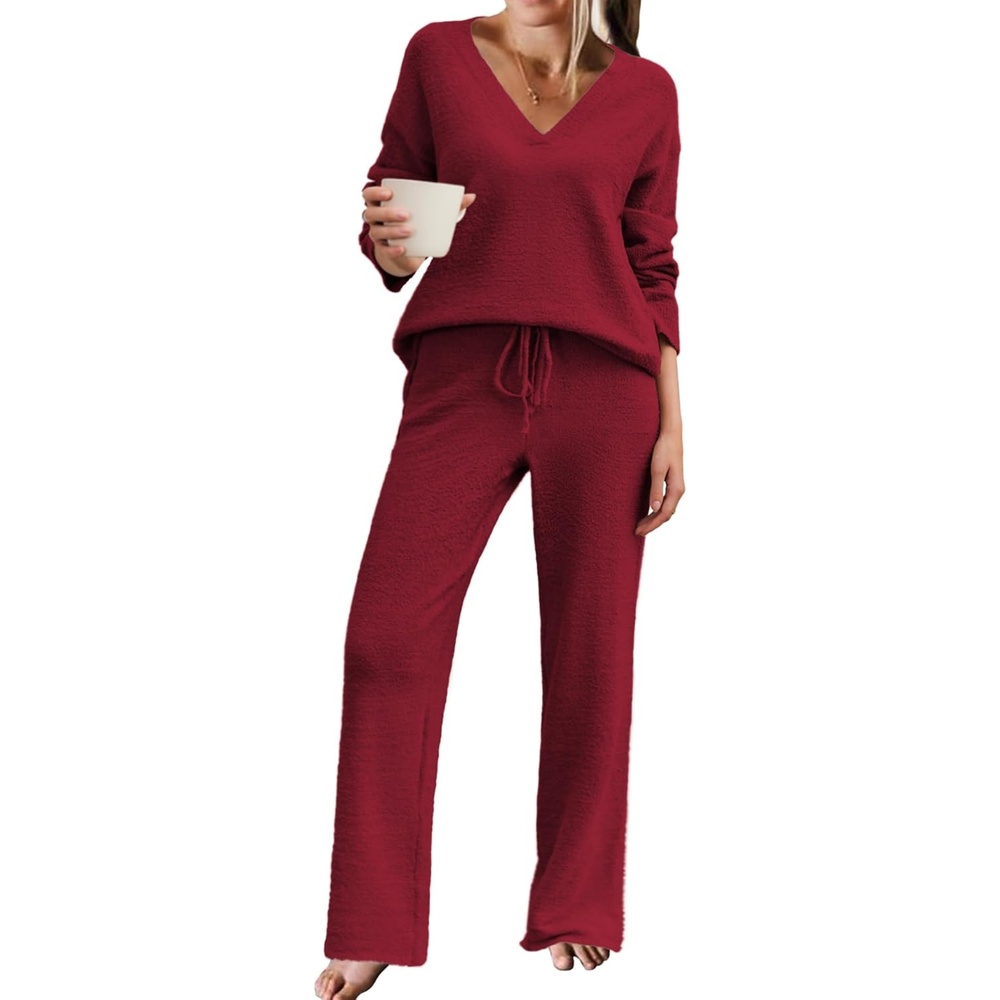 image:imageEkouaer Womens Pajama Sets Fuzzy Fleece Sleepwear Long Sleeve PjsBrick Red