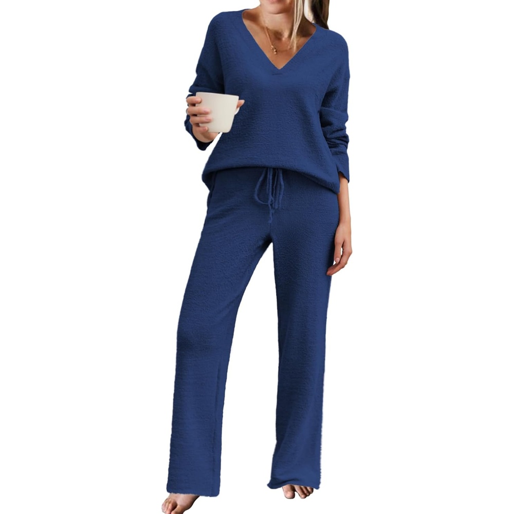 image:imageEkouaer Womens Pajama Sets Fuzzy Fleece Sleepwear Long Sleeve PjsNavy