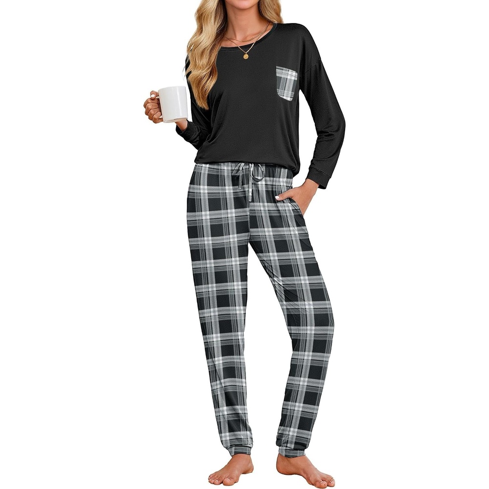 image:imageEkouaer Womens Pajama Sets Long Sleeve Pjs Lounge Sets Joggers with PocketsBlack and Dark Gray Plaid