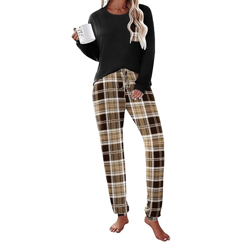 image:imageEkouaer Womens Pajama Sets Long Sleeve Pjs Lounge Sets Joggers with PocketsBrown Plaid