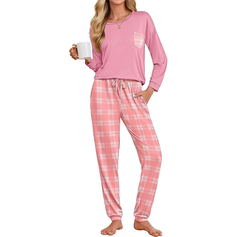 image:imageEkouaer Womens Pajama Sets Long Sleeve Pjs Lounge Sets Joggers with PocketsLight Pink Plaid