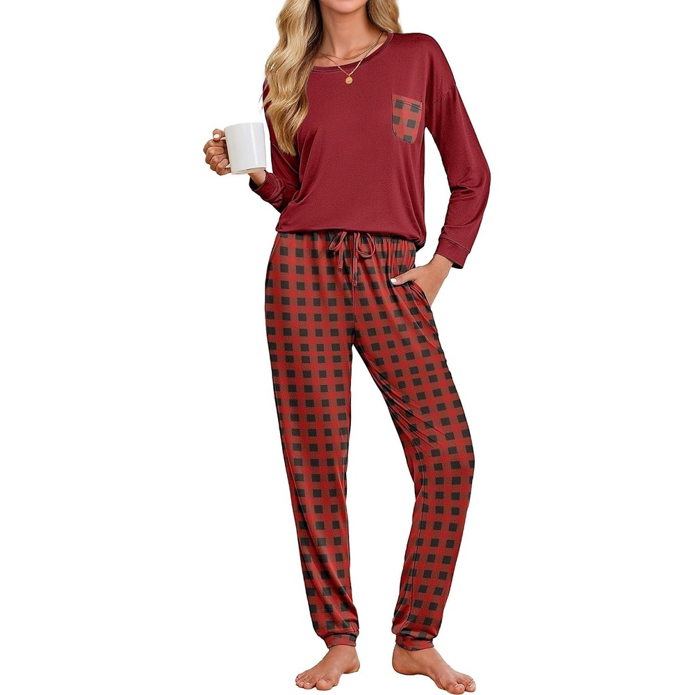 image:imageEkouaer Womens Pajama Sets Long Sleeve Pjs Lounge Sets Joggers with PocketsRed Plaid 2