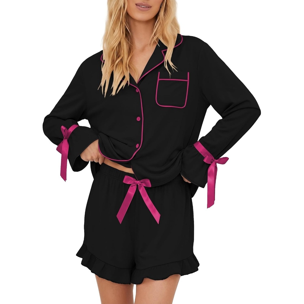 image:imageEkouaer Womens Pajamas Long Sleeve and Shorts Cute Ruffle Pjs Lounge SetBlack