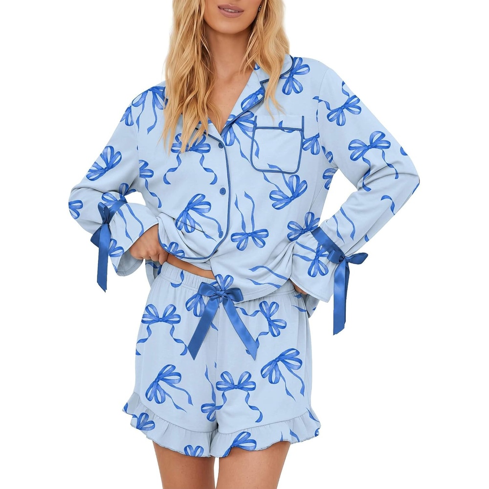 image:imageEkouaer Womens Pajamas Long Sleeve and Shorts Cute Ruffle Pjs Lounge SetLight Blue Bow Knot