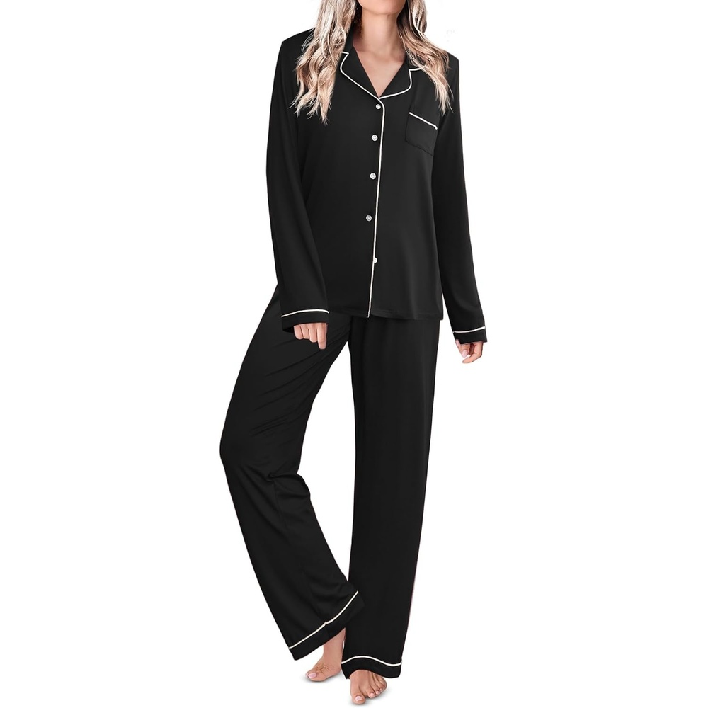 image:imageEkouaer Womens Pajamas Set Classic Sleepwear Long Sleeve Button Up Pjs SetsBlack