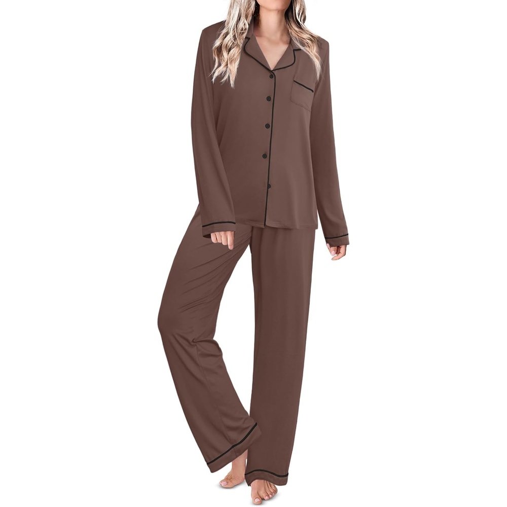 image:imageEkouaer Womens Pajamas Set Classic Sleepwear Long Sleeve Button Up Pjs SetsBrown