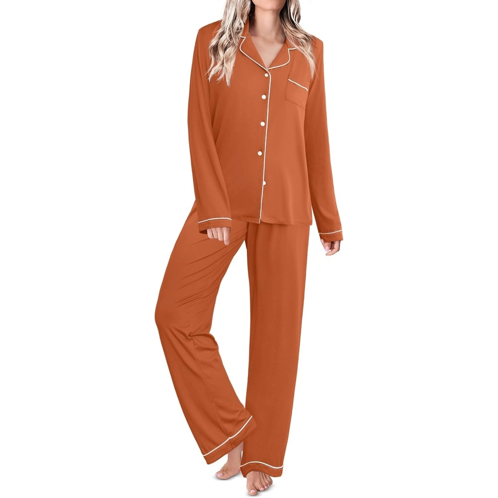 image:imageEkouaer Womens Pajamas Set Classic Sleepwear Long Sleeve Button Up Pjs SetsCaramel