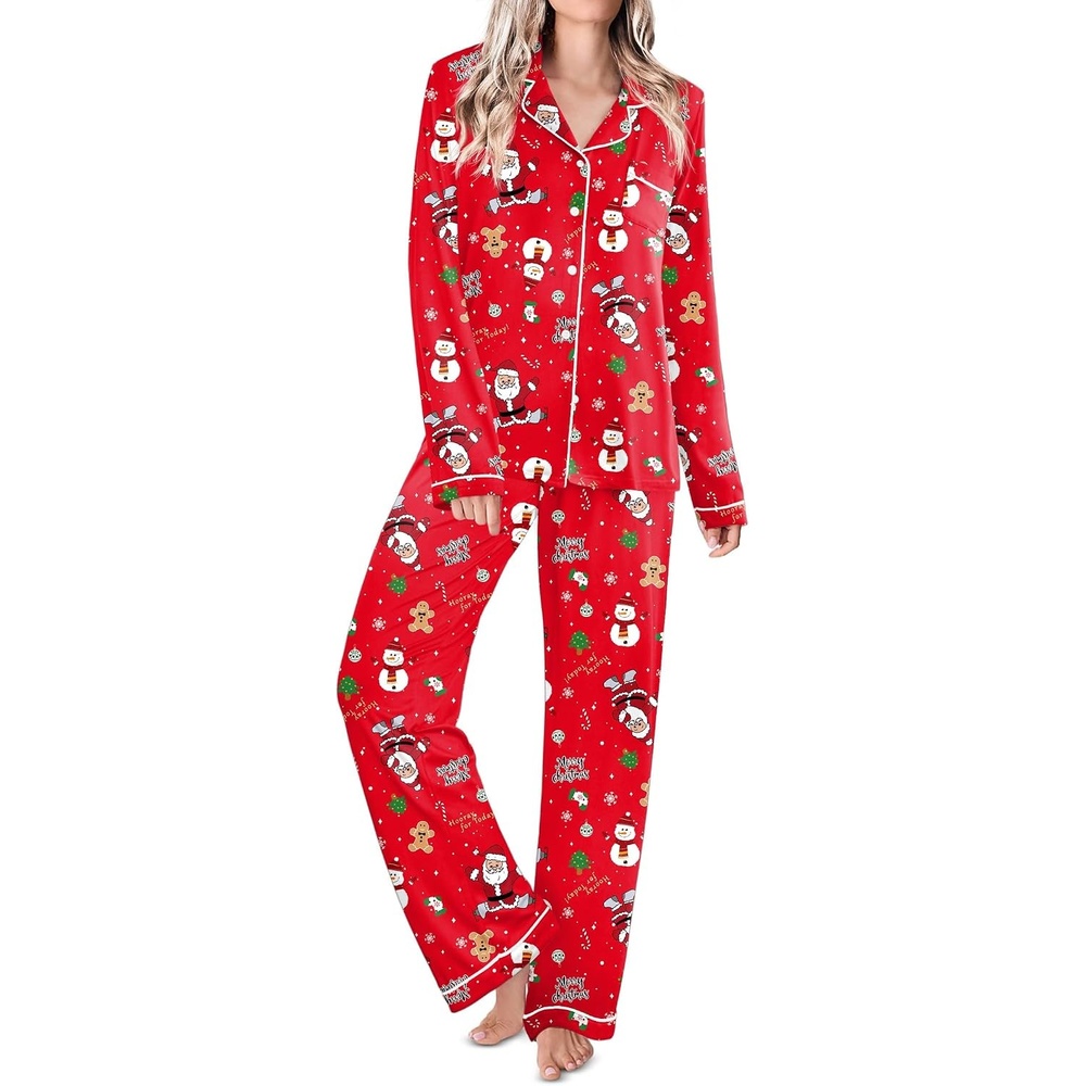 image:imageEkouaer Womens Pajamas Set Classic Sleepwear Long Sleeve Button Up Pjs SetsChristmas Red