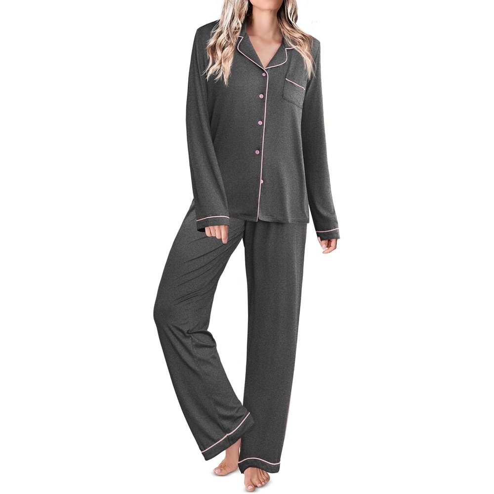 image:imageEkouaer Womens Pajamas Set Classic Sleepwear Long Sleeve Button Up Pjs SetsDark Grey