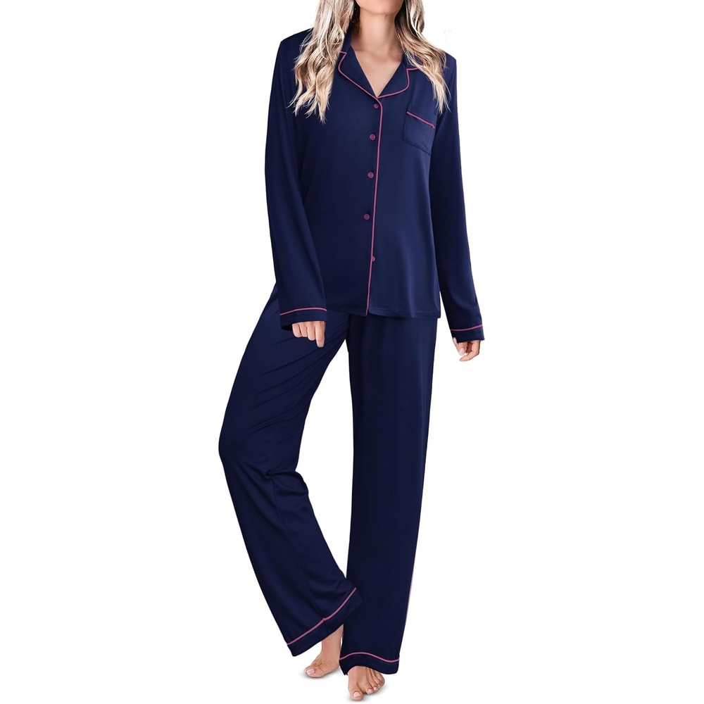 image:imageEkouaer Womens Pajamas Set Classic Sleepwear Long Sleeve Button Up Pjs SetsNavy