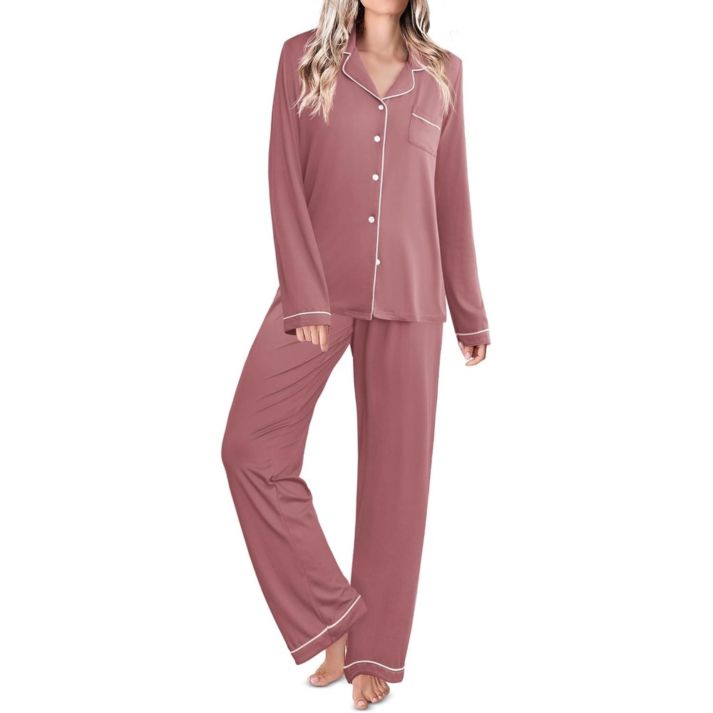 image:imageEkouaer Womens Pajamas Set Classic Sleepwear Long Sleeve Button Up Pjs SetsPale Violet Red