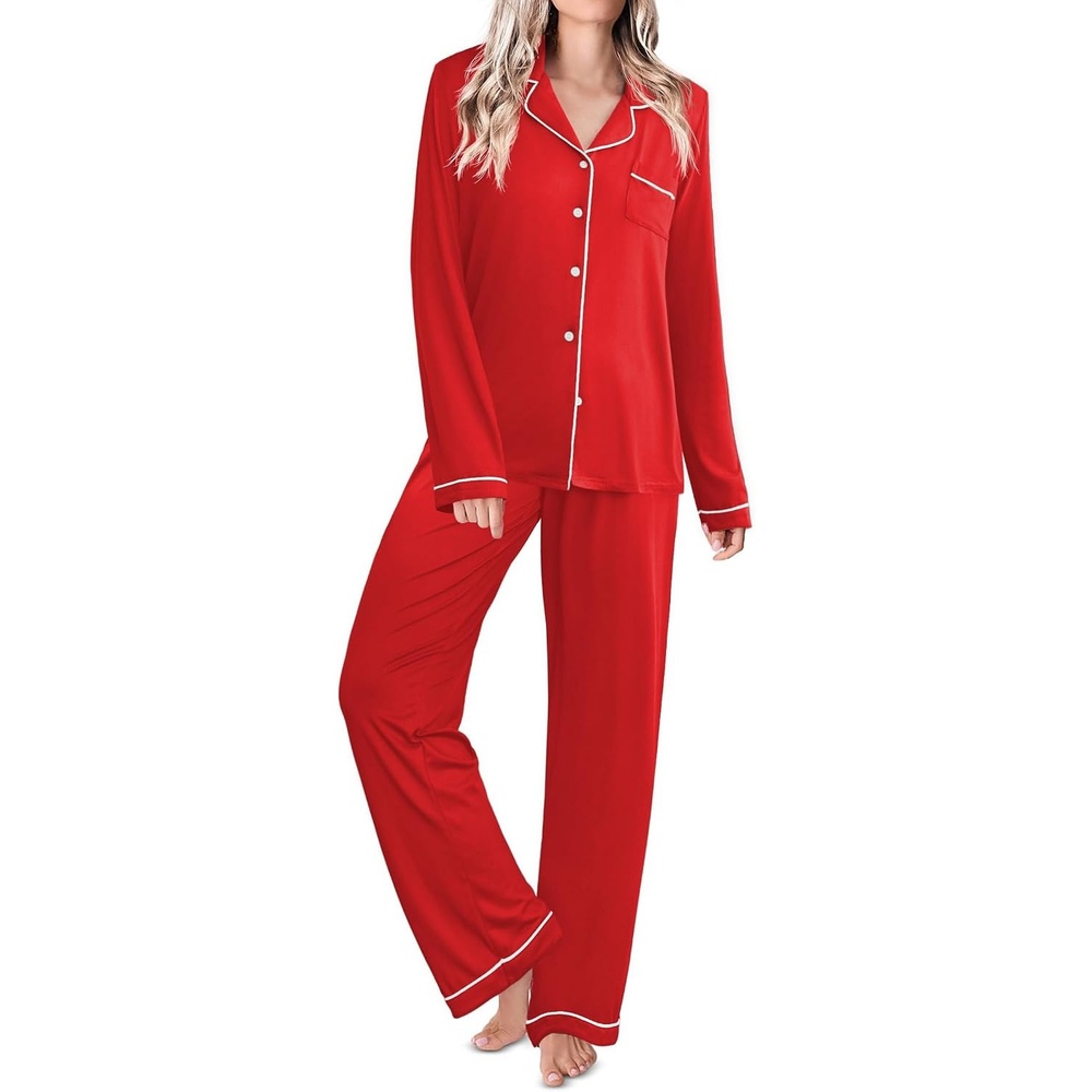 image:imageEkouaer Womens Pajamas Set Classic Sleepwear Long Sleeve Button Up Pjs SetsRed