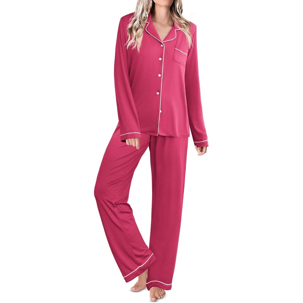 image:imageEkouaer Womens Pajamas Set Classic Sleepwear Long Sleeve Button Up Pjs SetsRosy