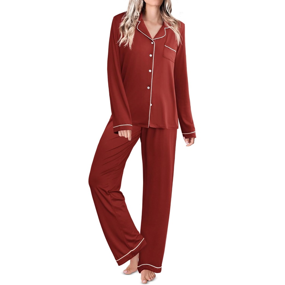 image:imageEkouaer Womens Pajamas Set Classic Sleepwear Long Sleeve Button Up Pjs SetsWine