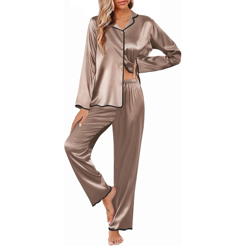 image:imageEkouaer Womens Silk Pajama Set Long Sleeve Button Down Ruffle Satin PJsBrown