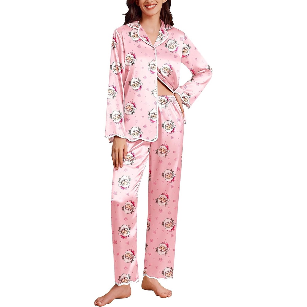 image:imageEkouaer Womens Silk Pajama Set Long Sleeve Button Down Ruffle Satin PJsChristmaspink Santa Pjs