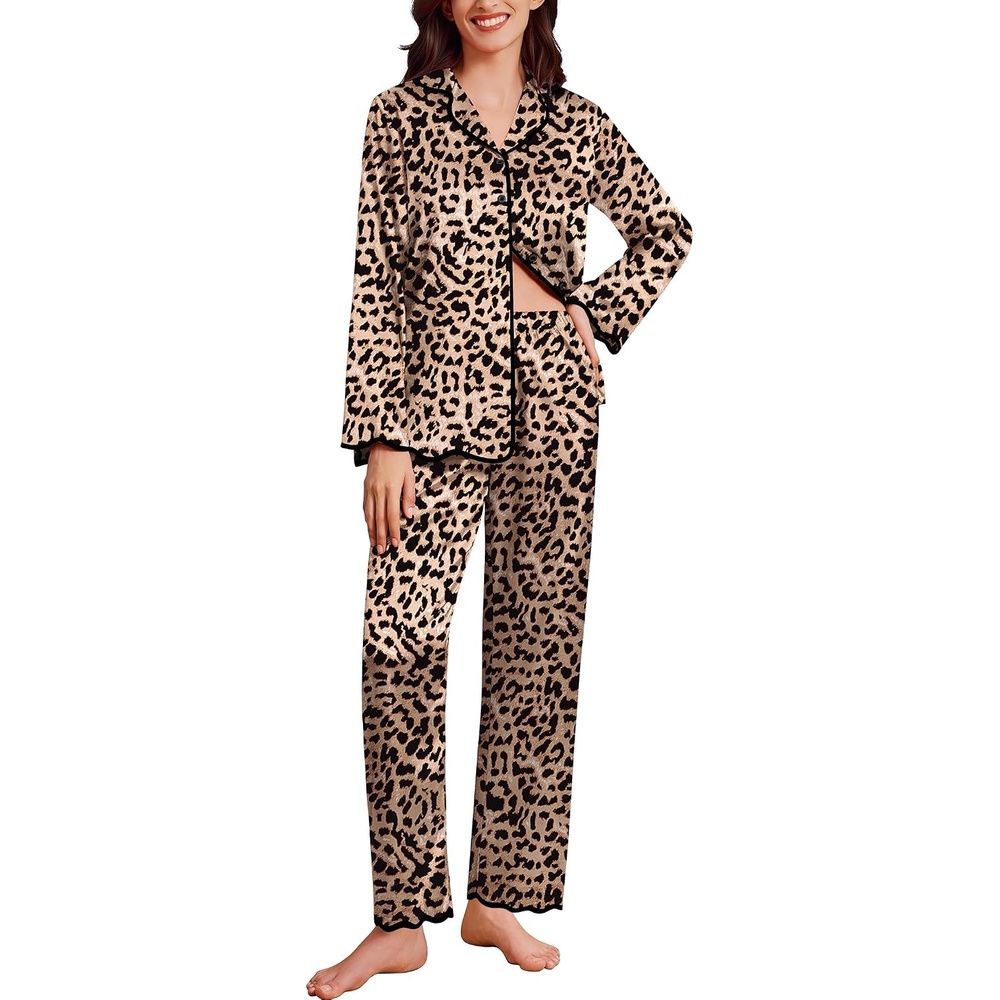 image:imageEkouaer Womens Silk Pajama Set Long Sleeve Button Down Ruffle Satin PJsClassic Leopard
