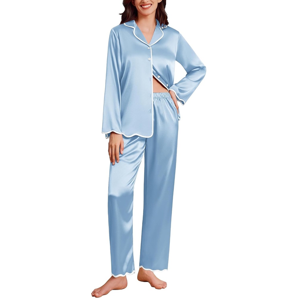 image:imageEkouaer Womens Silk Pajama Set Long Sleeve Button Down Ruffle Satin PJsLight Blue