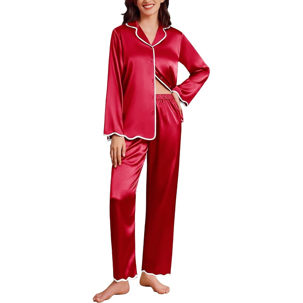 image:imageEkouaer Womens Silk Pajama Set Long Sleeve Button Down Ruffle Satin PJsRed