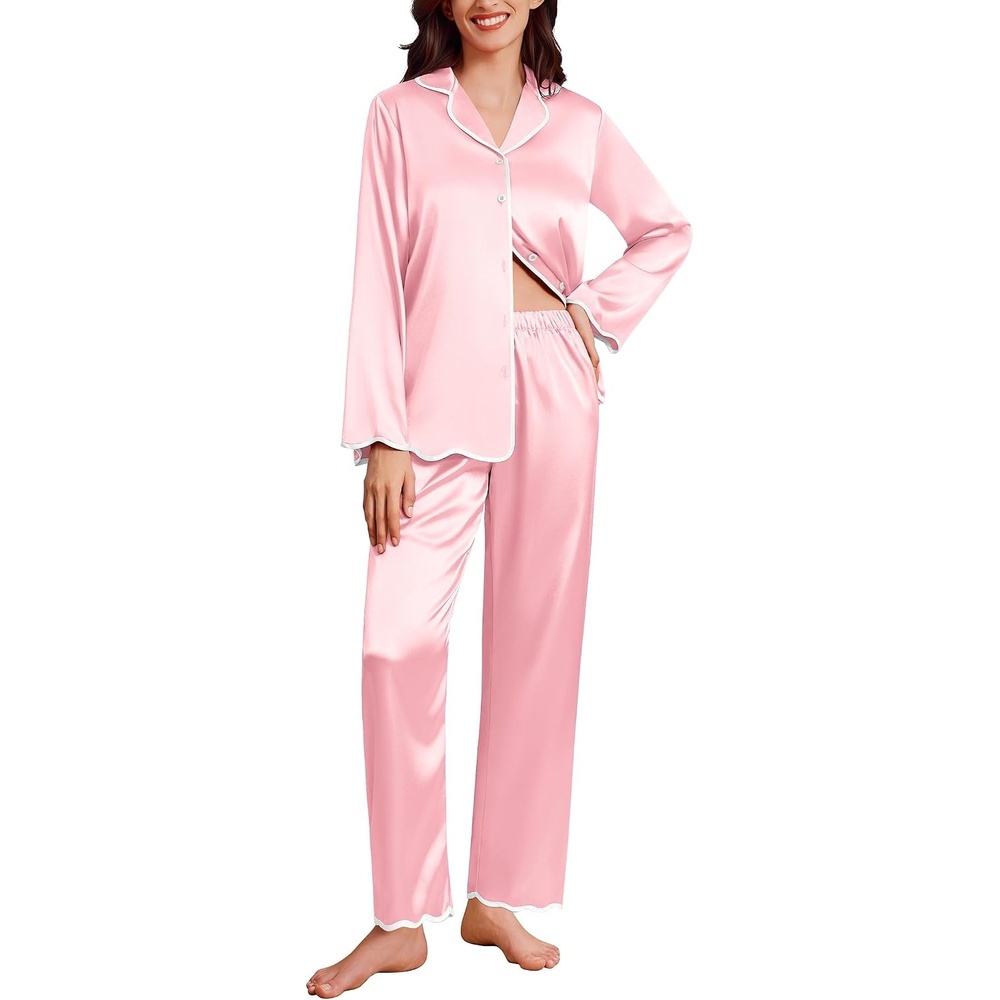image:imageEkouaer Womens Silk Pajama Set Long Sleeve Button Down Ruffle Satin PJsRose Pink