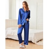 Ekouaer Womens Silk Pajama Set Long Sleeve Button Down Ruffle Satin PJs(Navy Blue)
