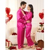 Ekouaer Womens Silk Pajama Set Long Sleeve Button Down Ruffle Satin PJs(Rose Red)