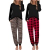 Ekouaer 2 Pack Womens Pajama Sets Long Sleeve Pjs Soft Comfy Lounge Set(Black Red Plaid+leopard)