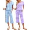 Ekouaer 2 Pack: Women’s Pajamas Set Short Sleeve Sleepwear Capri Pants Pjs Soft Loungewear with Pockets(Blue Plaid/Purple Stripe)
